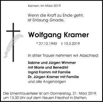 Traueranzeige von Wolfgang Kramer von Stuttgarter Zeitung / Stuttgarter Nachrichten