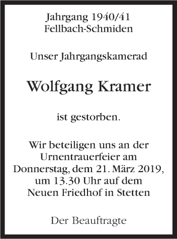 Traueranzeige von Wolfgang Kramer von Stuttgarter Zeitung / Stuttgarter Nachrichten