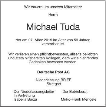 Traueranzeige von Michael Tuda von Stuttgarter Zeitung / Stuttgarter Nachrichten