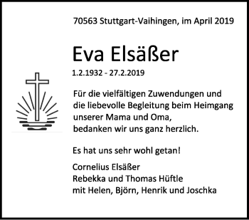 Traueranzeige von Eva Elsäßer von Stuttgarter Zeitung / Stuttgarter Nachrichten