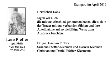 Traueranzeige von Lore Pfeffer von Stuttgarter Zeitung / Stuttgarter Nachrichten