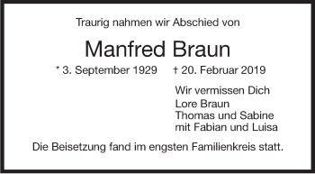 Traueranzeige von Manfred Braun von Stuttgarter Zeitung / Stuttgarter Nachrichten