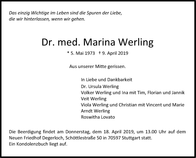  Traueranzeige für Marina Werling vom 15.04.2019 aus Stuttgarter Zeitung / Stuttgarter Nachrichten