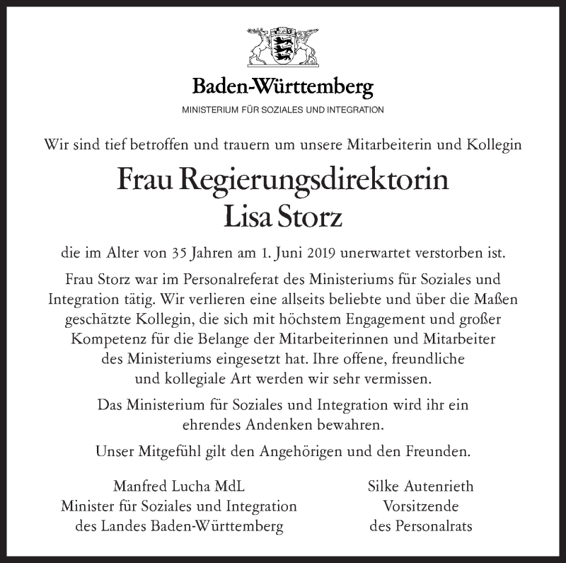  Traueranzeige für Lisa Storz vom 13.06.2019 aus Stuttgarter Zeitung / Stuttgarter Nachrichten
