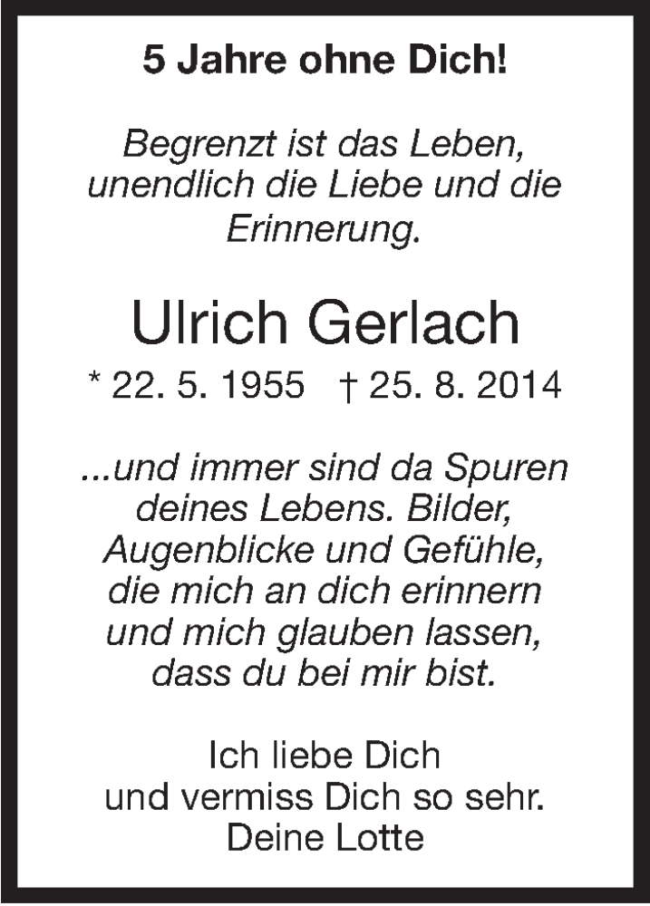  Traueranzeige für Ulrich Gerlach vom 26.08.2019 aus Stuttgarter Zeitung / Stuttgarter Nachrichten