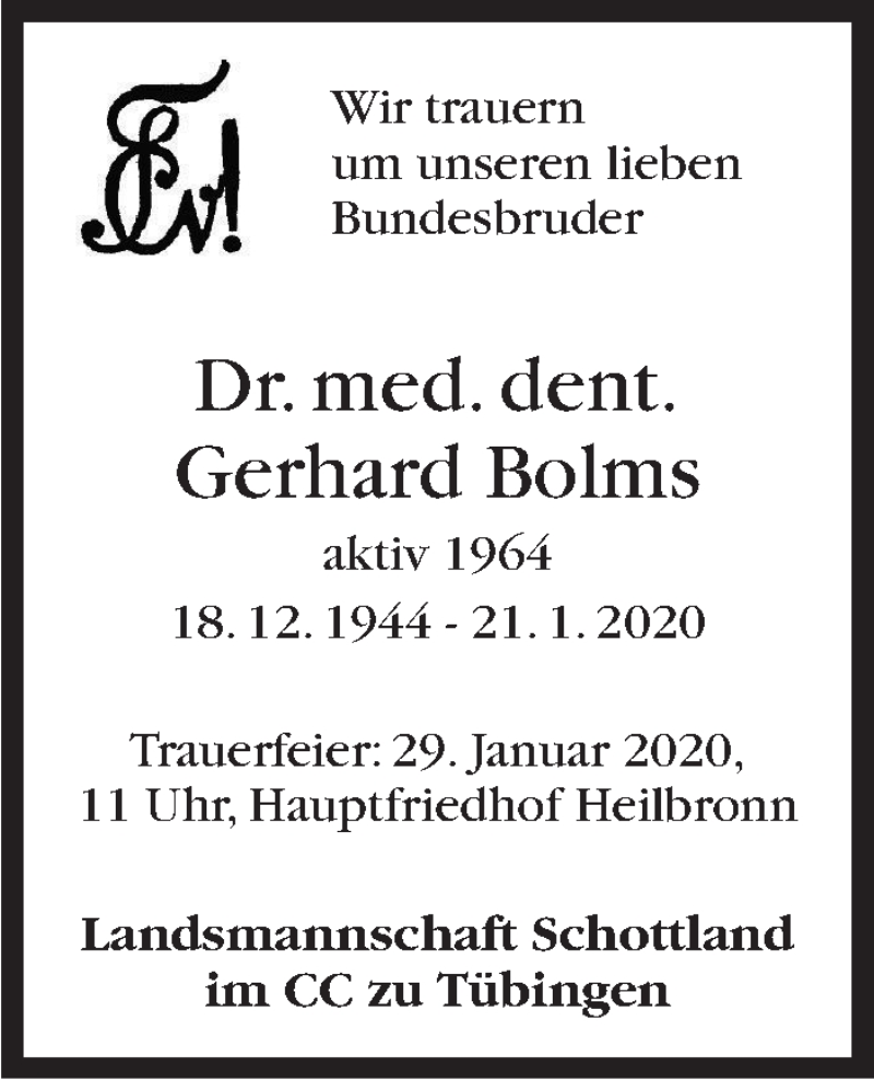  Traueranzeige für Gerhard Bolms vom 28.01.2020 aus Stuttgarter Zeitung / Stuttgarter Nachrichten