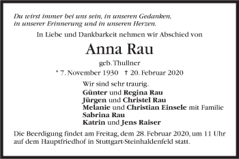 Traueranzeige von Anna Rau von Stuttgarter Zeitung / Stuttgarter Nachrichten