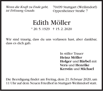 Traueranzeige von Edith Möller von Stuttgarter Zeitung / Stuttgarter Nachrichten
