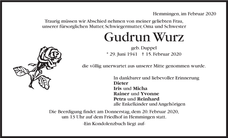  Traueranzeige für Gudrun Wurz vom 18.02.2020 aus Stuttgarter Zeitung / Stuttgarter Nachrichten