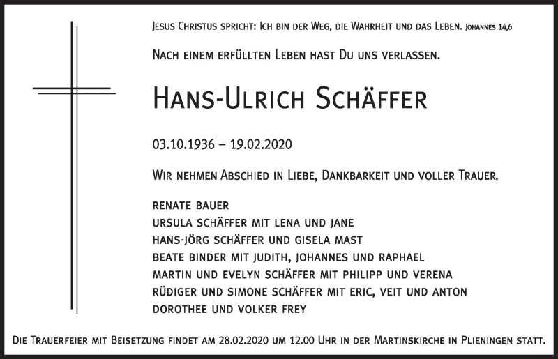  Traueranzeige für Hans-Ulrich Schäffer vom 22.02.2020 aus Stuttgarter Zeitung / Stuttgarter Nachrichten