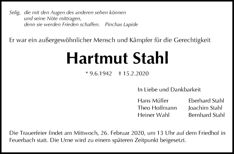  Traueranzeige für Hartmut Stahl vom 21.02.2020 aus Stuttgarter Zeitung / Stuttgarter Nachrichten