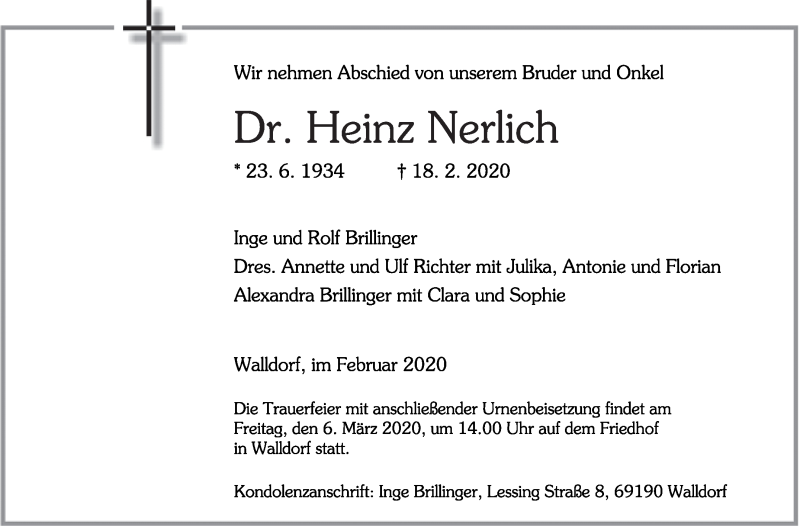  Traueranzeige für Heinz Nerlich vom 29.02.2020 aus Stuttgarter Zeitung / Stuttgarter Nachrichten