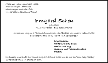 Traueranzeige von Irmgard Scheu von Stuttgarter Zeitung / Stuttgarter Nachrichten