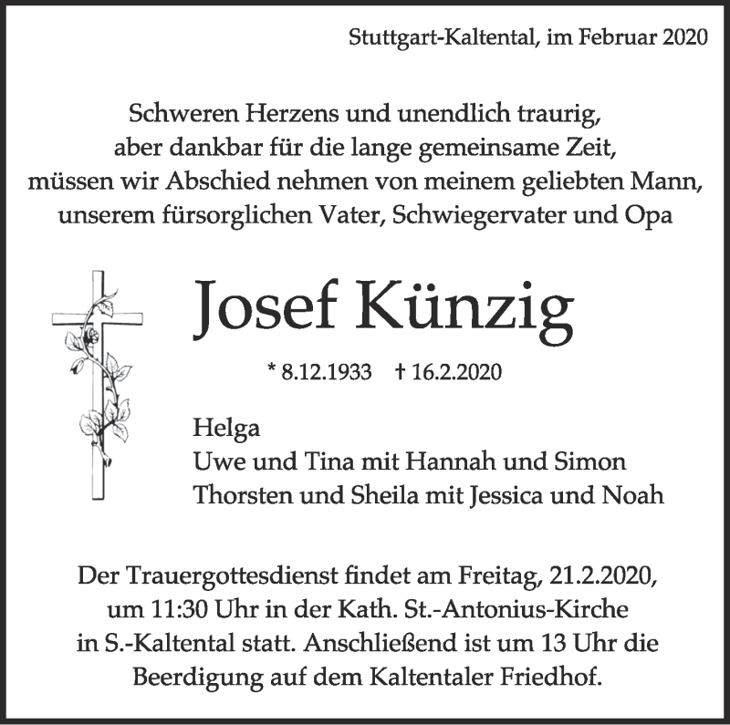  Traueranzeige für Josef Künzig vom 19.02.2020 aus Stuttgarter Zeitung / Stuttgarter Nachrichten