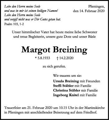 Traueranzeige von Margot Breining von Stuttgarter Zeitung / Stuttgarter Nachrichten