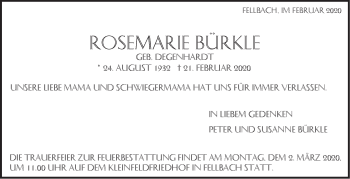 Traueranzeige von Rosemarie Bürkle von Stuttgarter Zeitung / Stuttgarter Nachrichten
