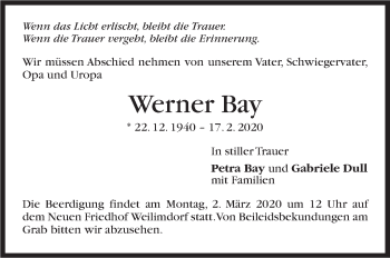 Traueranzeige von Werner Bay von Stuttgarter Zeitung / Stuttgarter Nachrichten