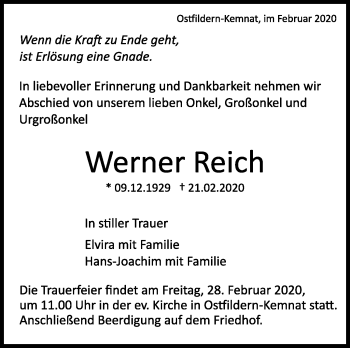 Traueranzeige von Werner Reich von Stuttgarter Zeitung / Stuttgarter Nachrichten
