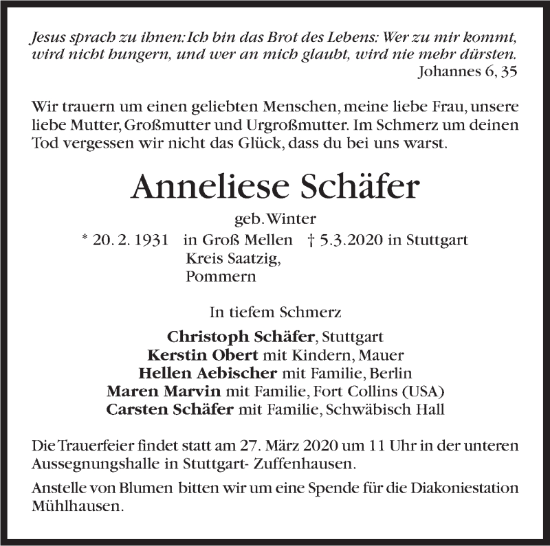  Traueranzeige für Anneliese Schäfer vom 14.03.2020 aus Stuttgarter Zeitung / Stuttgarter Nachrichten