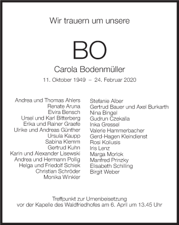 Traueranzeige von Carola Bodenmüller von Stuttgarter Zeitung / Stuttgarter Nachrichten