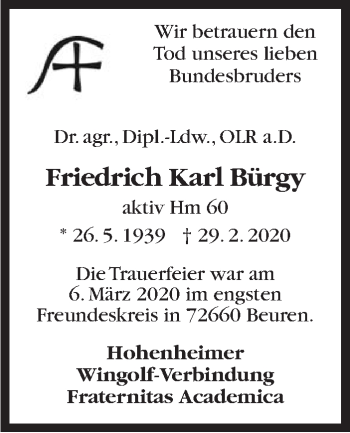 Traueranzeige von Friedrich Karl Bürgy von Stuttgarter Zeitung / Stuttgarter Nachrichten