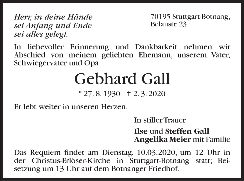  Traueranzeige für Gebhard Gall vom 06.03.2020 aus Stuttgarter Zeitung / Stuttgarter Nachrichten