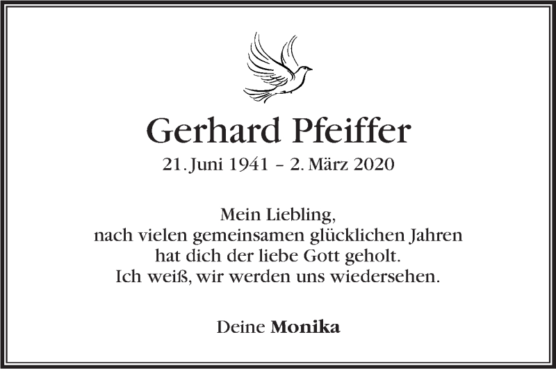  Traueranzeige für Gerhard Pfeiffer vom 10.03.2020 aus Stuttgarter Zeitung / Stuttgarter Nachrichten