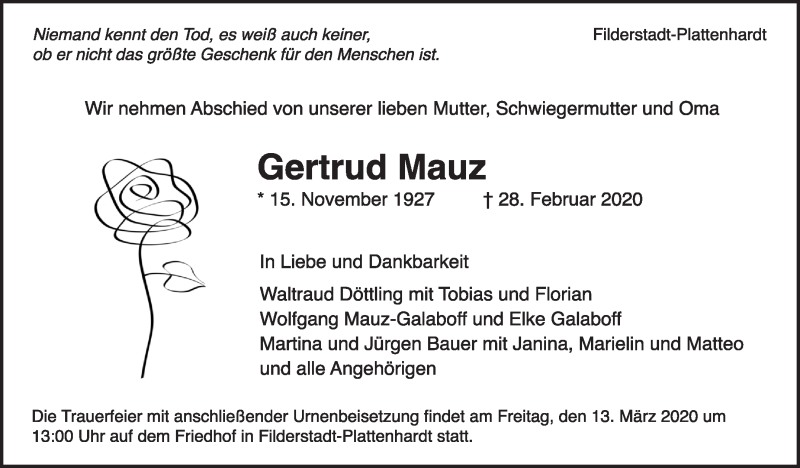  Traueranzeige für Gertrud Mauz vom 07.03.2020 aus Stuttgarter Zeitung / Stuttgarter Nachrichten
