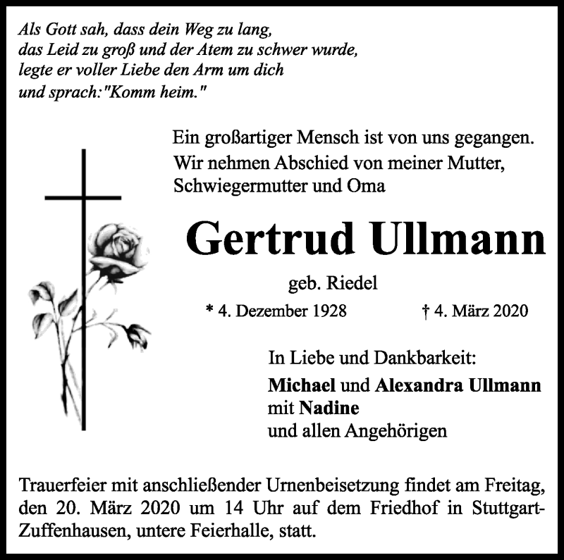  Traueranzeige für Gertrud Ullmann vom 13.03.2020 aus Stuttgarter Zeitung / Stuttgarter Nachrichten