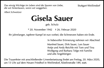 Traueranzeige von Gisela Sauer von Stuttgarter Zeitung / Stuttgarter Nachrichten