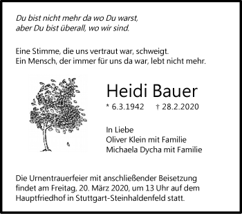 Traueranzeige von Heidi Bauer von Stuttgarter Zeitung / Stuttgarter Nachrichten
