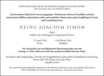 Traueranzeige von Heinz-Joachim Simon von Stuttgarter Zeitung / Stuttgarter Nachrichten