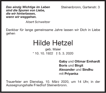Traueranzeige von Hilde Hetzel von Stuttgarter Zeitung / Stuttgarter Nachrichten