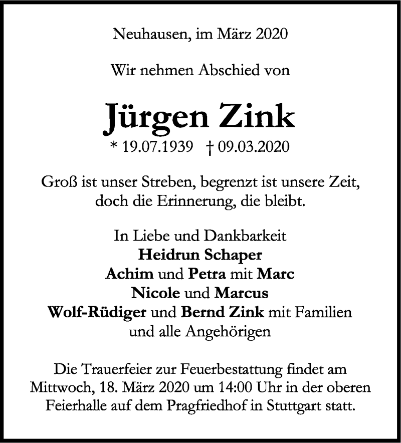  Traueranzeige für Jürgen Zink vom 14.03.2020 aus Stuttgarter Zeitung / Stuttgarter Nachrichten
