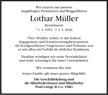 Traueranzeige von Lothar Müller von Stuttgarter Zeitung / Stuttgarter Nachrichten