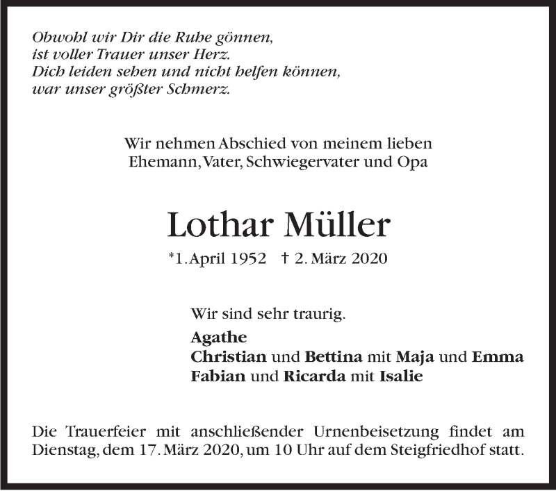  Traueranzeige für Lothar Müller vom 10.03.2020 aus Stuttgarter Zeitung / Stuttgarter Nachrichten