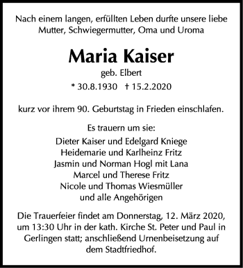 Traueranzeige von Maria Kaiser von Stuttgarter Zeitung / Stuttgarter Nachrichten