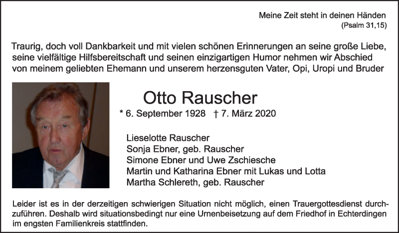  Traueranzeige für Otto Rauscher vom 27.03.2020 aus Stuttgarter Zeitung / Stuttgarter Nachrichten