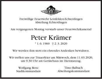 Traueranzeige von Peter Krämer von Stuttgarter Zeitung / Stuttgarter Nachrichten