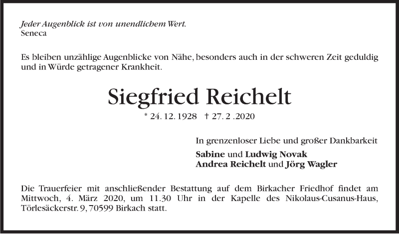  Traueranzeige für Siegfried Reichelt vom 03.03.2020 aus Stuttgarter Zeitung / Stuttgarter Nachrichten