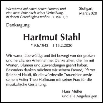 Traueranzeige von Stahl Hartmut von Stuttgarter Zeitung / Stuttgarter Nachrichten