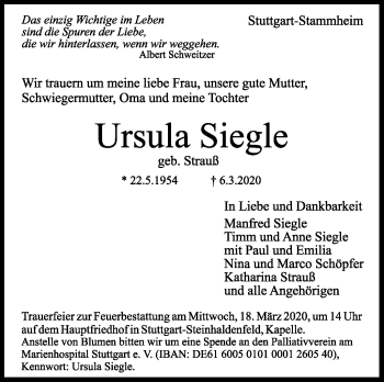 Traueranzeige von Ursula Siegle von Stuttgarter Zeitung / Stuttgarter Nachrichten