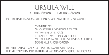 Traueranzeige von Ursula Will von Stuttgarter Zeitung / Stuttgarter Nachrichten