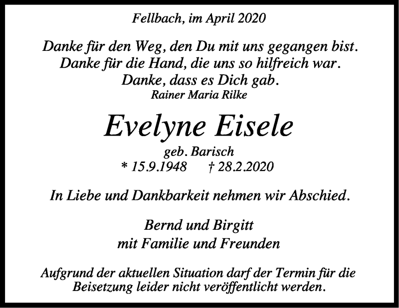  Traueranzeige für Evelyne Eisele vom 11.04.2020 aus Stuttgarter Zeitung / Stuttgarter Nachrichten