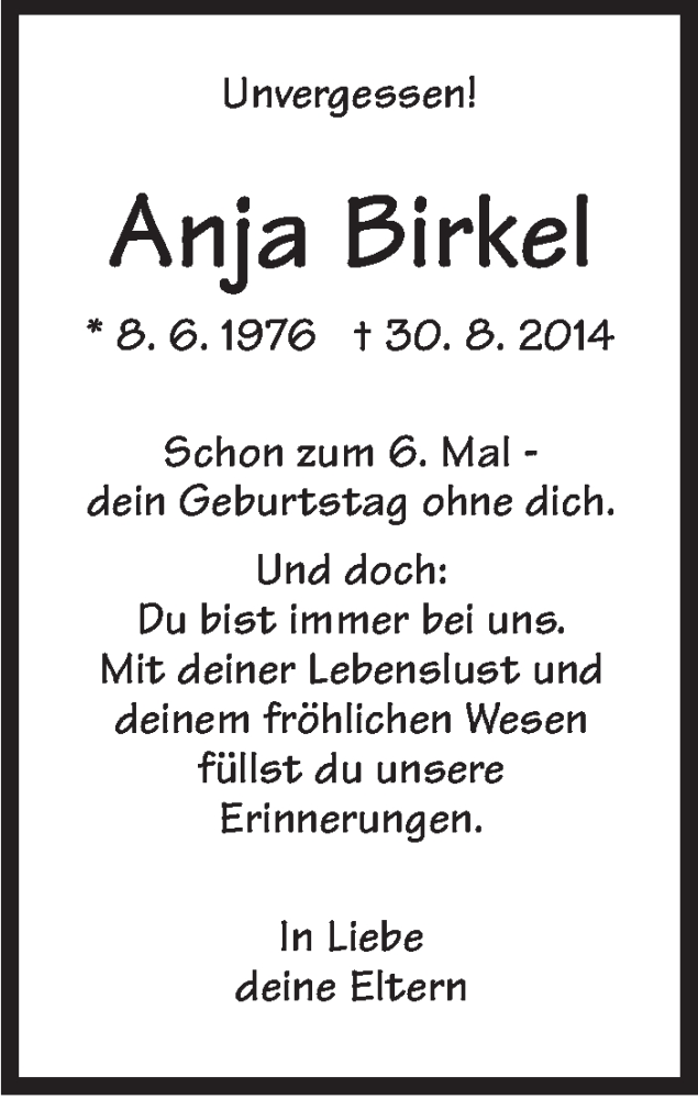  Traueranzeige für Anja Birkel vom 08.06.2020 aus Stuttgarter Zeitung / Stuttgarter Nachrichten