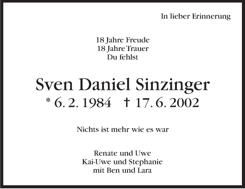  Traueranzeige für Sven Daniel Sinzinger vom 17.06.2020 aus Stuttgarter Zeitung / Stuttgarter Nachrichten