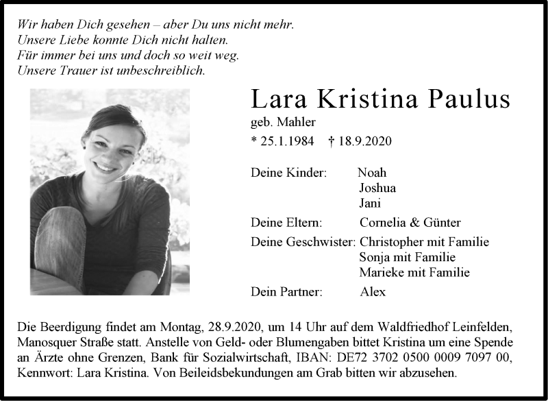  Traueranzeige für Lara Kristina Paulus vom 25.09.2020 aus Stuttgarter Zeitung / Stuttgarter Nachrichten