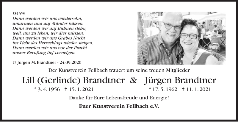  Traueranzeige für Gerlinde und Jürgen Brandtner vom 23.01.2021 aus Stuttgarter Zeitung / Stuttgarter Nachrichten