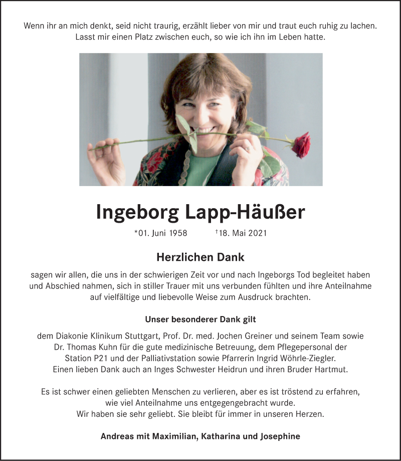  Traueranzeige für Ingeborg Lapp-Häußer vom 18.11.2021 aus Stuttgarter Zeitung / Stuttgarter Nachrichten