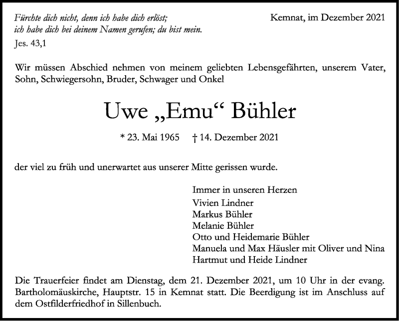  Traueranzeige für Uwe Bühler vom 18.12.2021 aus Stuttgarter Zeitung / Stuttgarter Nachrichten